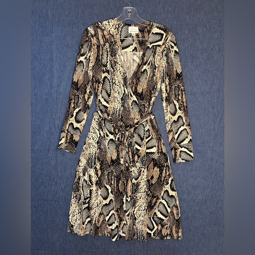 Donna Morgan Snake Print Wrap Dress in Black, Tan, Cream